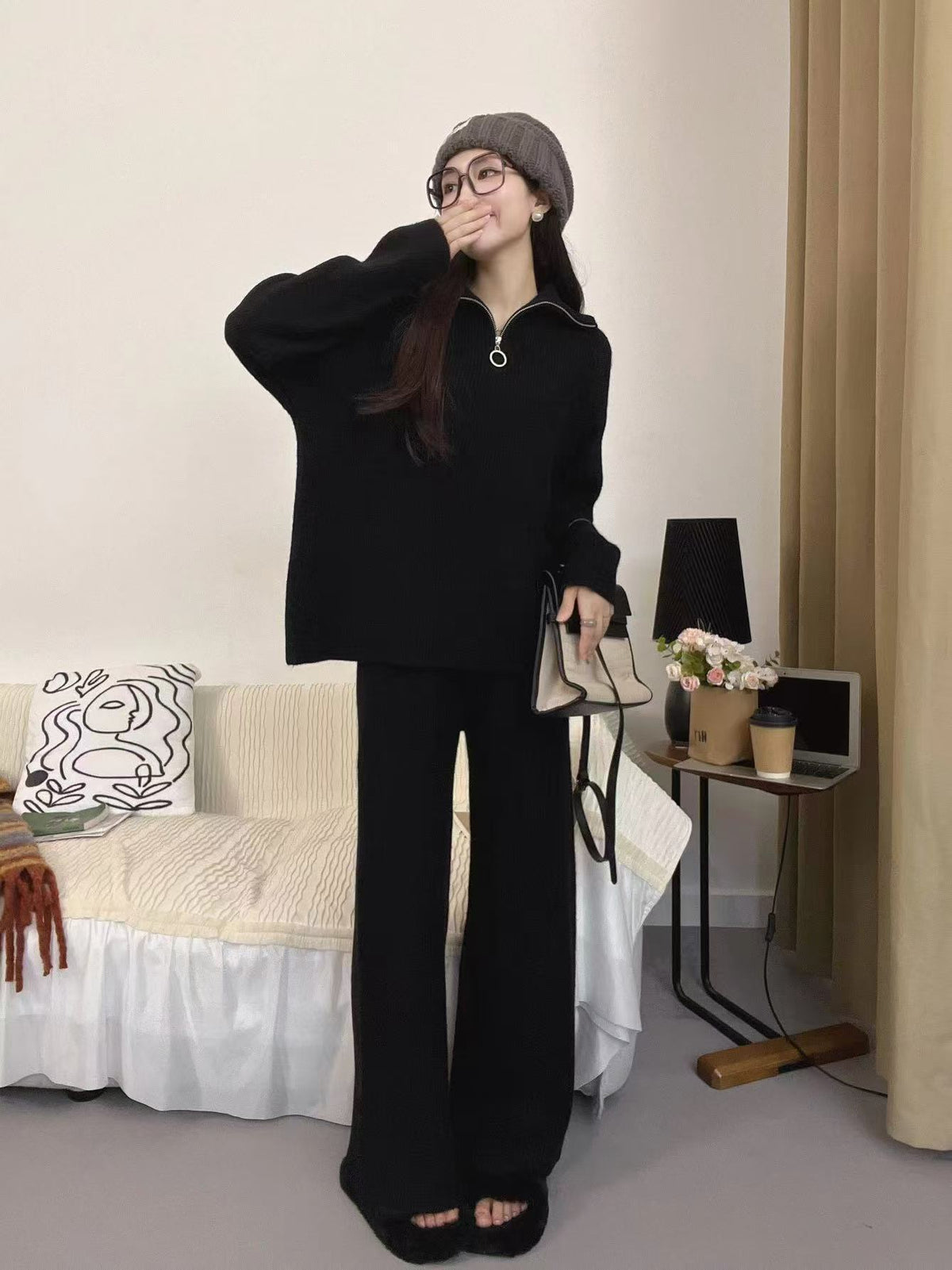 【set】ファスナーニットセーター×ワイドパンツセット　M26225