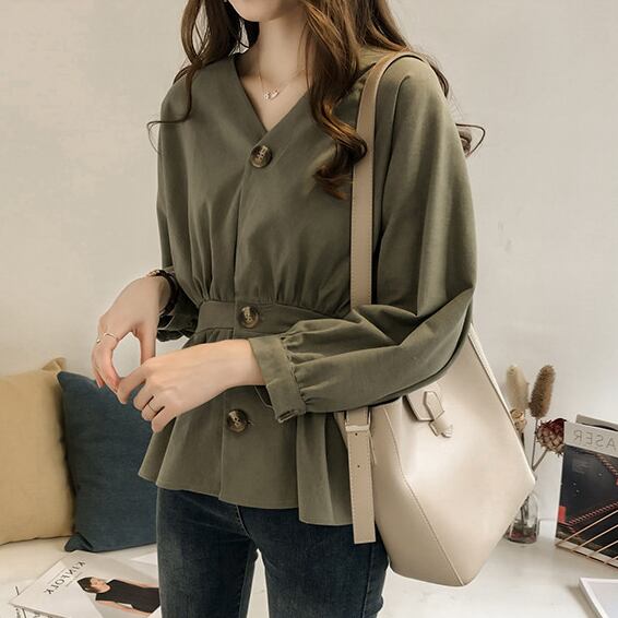 【tops】好感度満載!Vネック長袖ギャザーウェスト絞り無地ブラウス