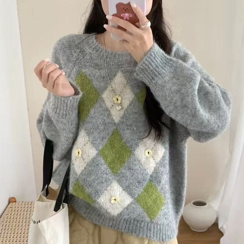 【tops】アーガイルチェックニットトップス Q7145