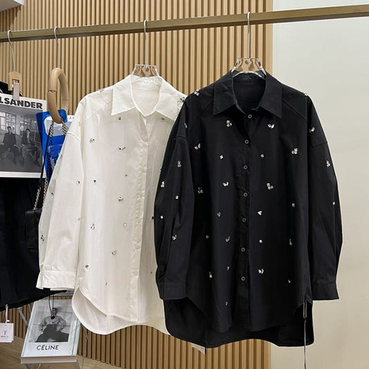 【tops】2色長袖ラインストーンブラウスF7328