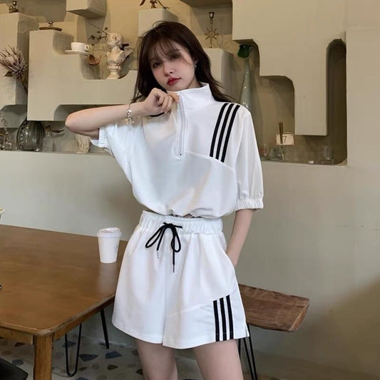 【set】INS風カジュアル気質満点POLOネックトップス+ショートパンツレディース２点セット G13533