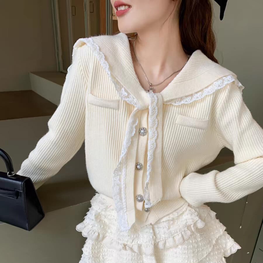 【outer】レース切り替えニットカーデ　M28351