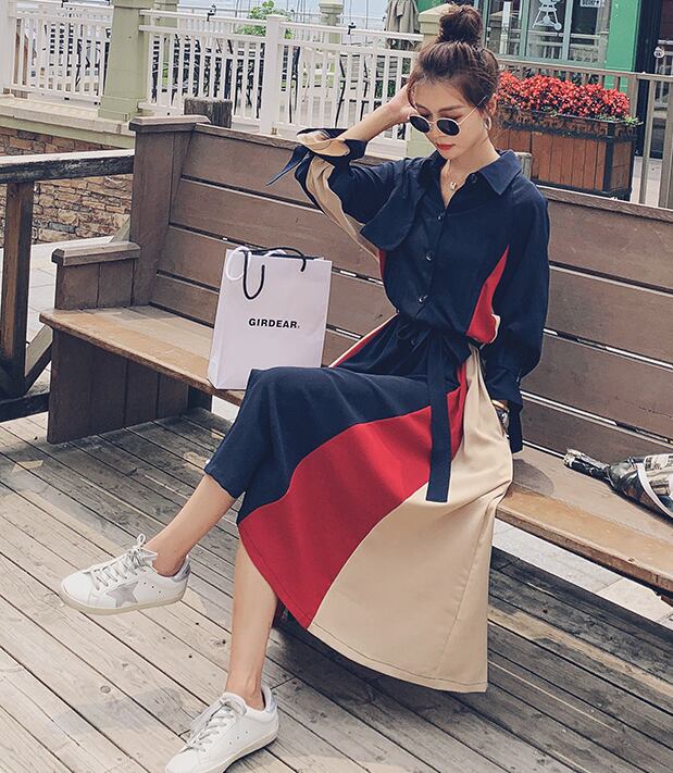 【dress】気質満点POLOネックスウィート長袖デザイン着痩せワンピース G1510