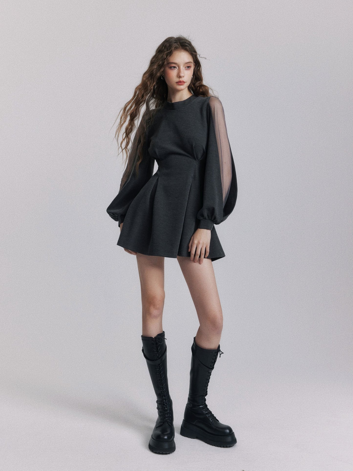 【dress】バックリボンチュールスリーブミニワンピース　N3484