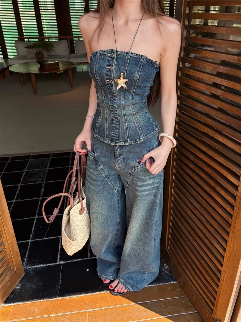 【set】デニムベアトップ×デニムワイドパンツセット Q8365