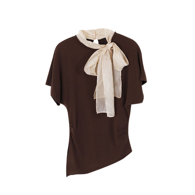 【tops】スカーフネック半袖ニットトップス Q8943