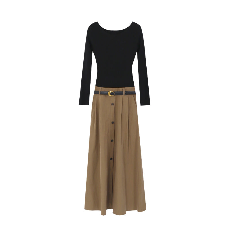 【dress】ベルト付きニットドッキングロングワンピース Q8926