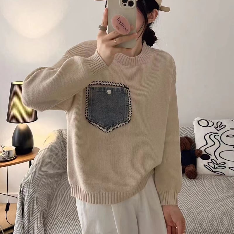 【tops】デニムポケット付きセーター Q6370