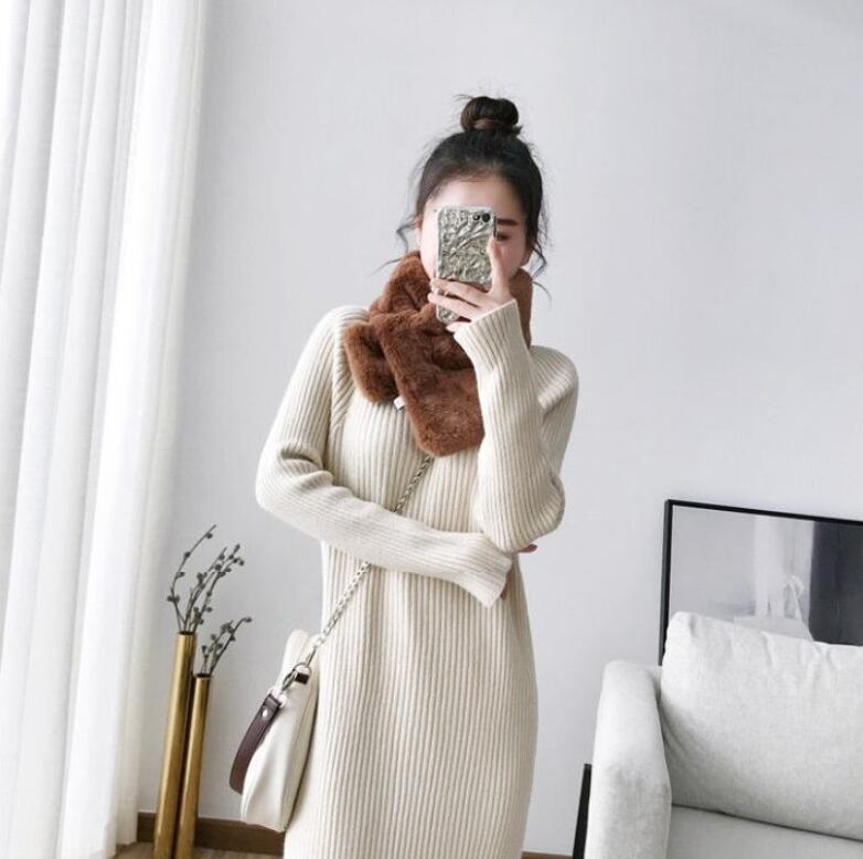 【dress】秋冬気質満点レトロフランス風着痩せハイネックニットワンピース G2598