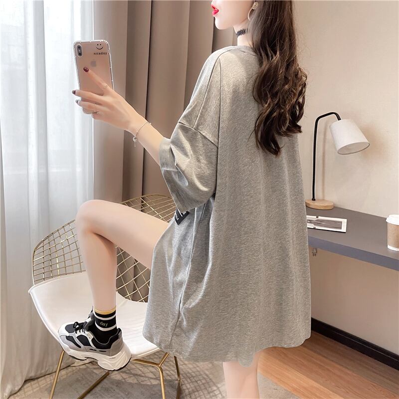 【tops】ラウンドネック半袖大きいサイズゆったりスリットTシャツF0074