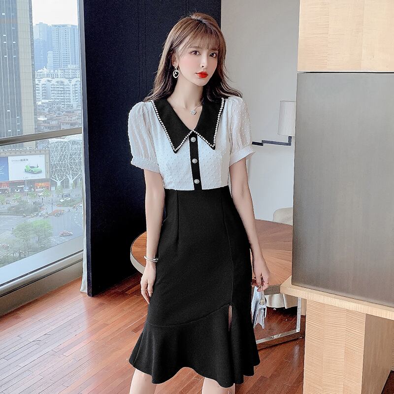 【dress】気質満点スリットマーメイドドールカラーセーターパフスリーブワンピース