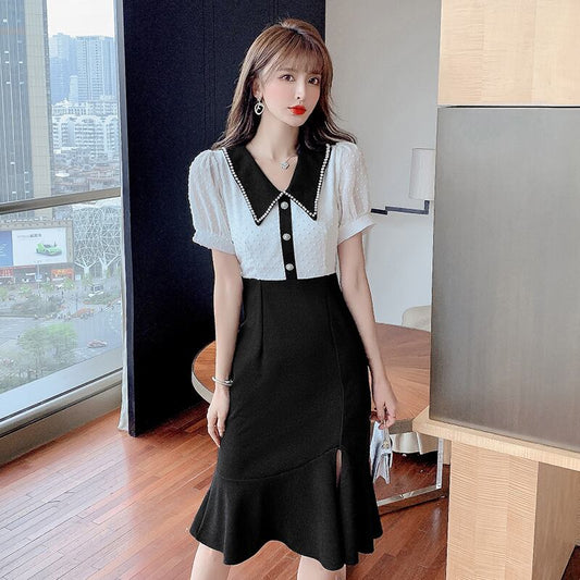 【dress】気質満点スリットマーメイドドールカラーセーターパフスリーブワンピース