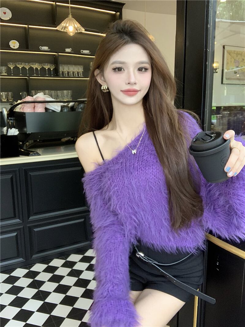 【tops】シャギーオフショルダーニットセーター　M28660