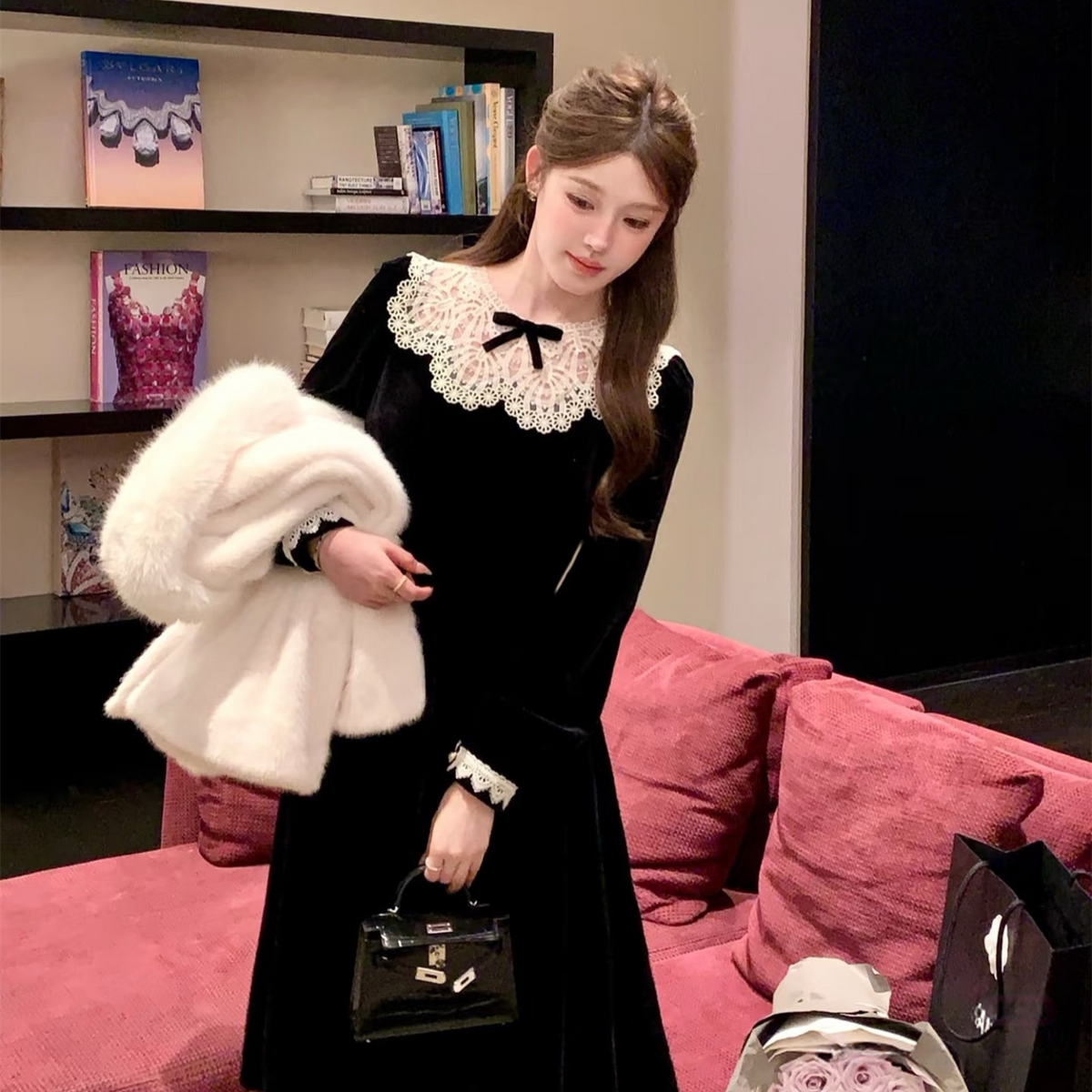 【dress】レースドッキングベロアワンピース　N3415