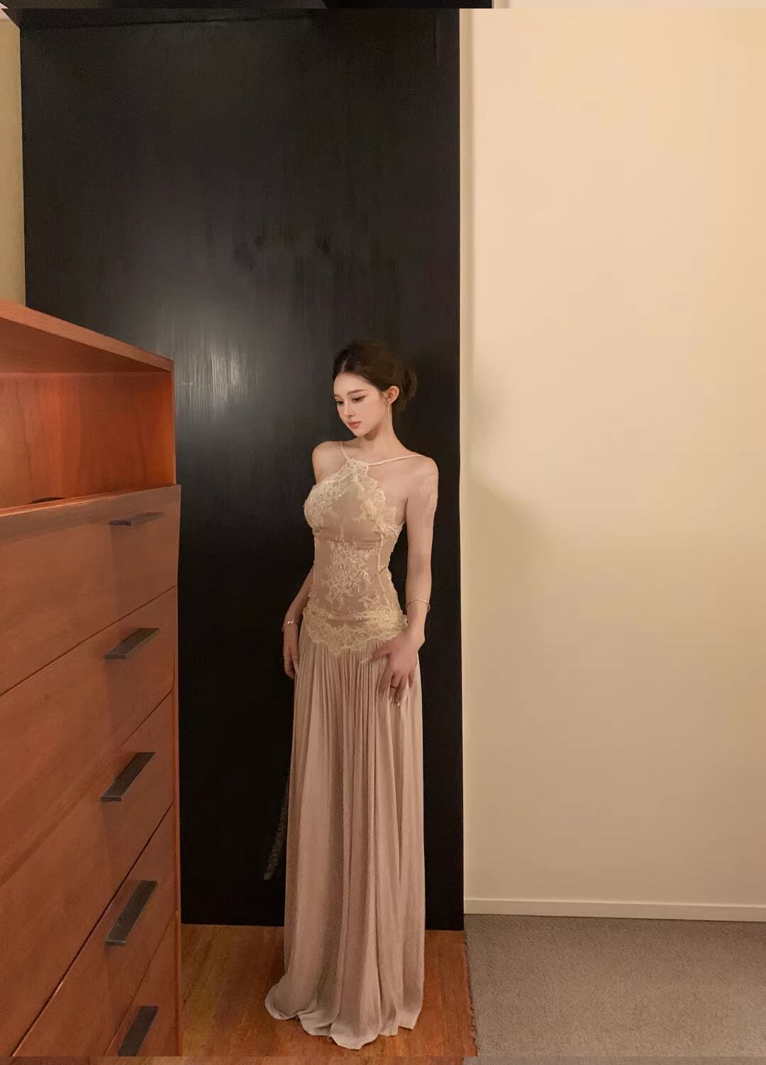 【dress】レースドッキングロングキャミワンピース Q8396