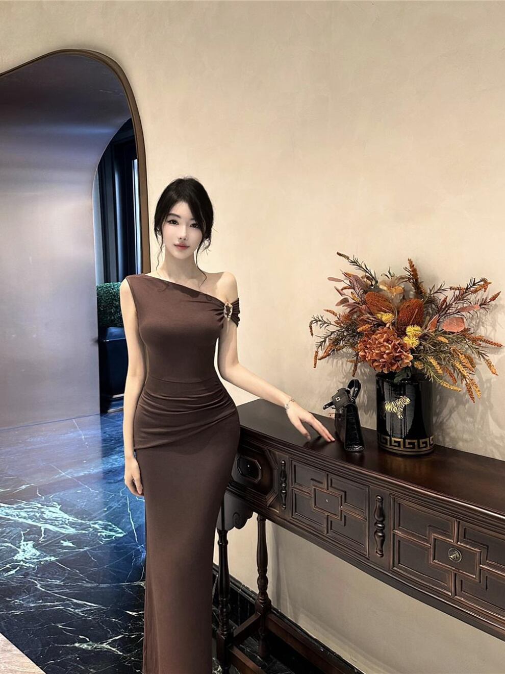 【dress】ワンショルダータイトワンピース Q8083