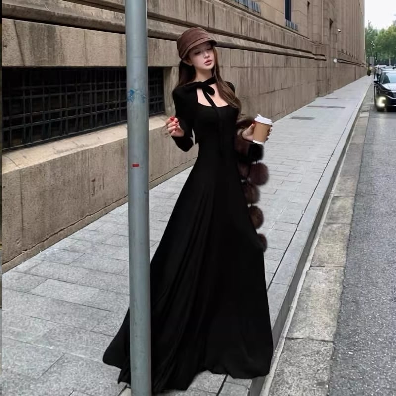【dress】スクエアネックロングニットワンピース Q8200