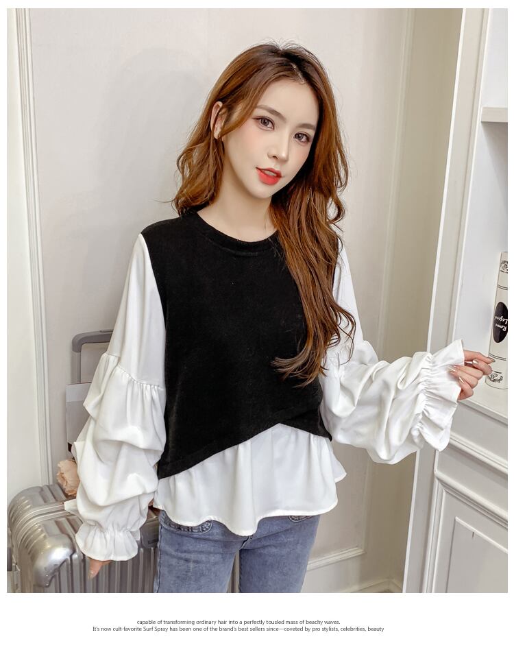 【tops】韓国ファッション早秋新作ラウンドネック長袖パフ袖偽二つ切り替えニットブラウスF0743