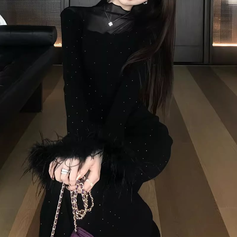 【dress】袖ファーチュールドッキングニットワンピース Q7559