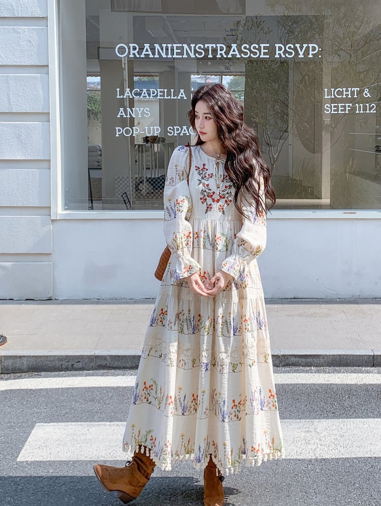 【dress】フリンジ付き花柄ロングワンピース Q8225