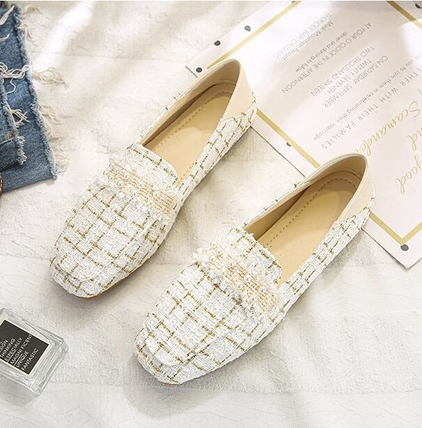 【shoes】今季大好評秋新作2色履きやすい美脚魅せチェック柄ビーズ飾りフラットシューズF0978