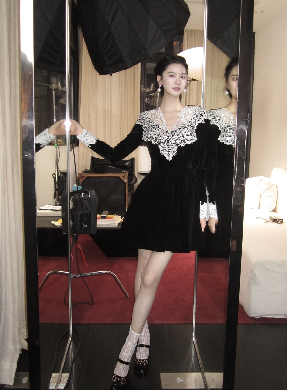 【dress】レーストリミングベロアワンピース　N3476