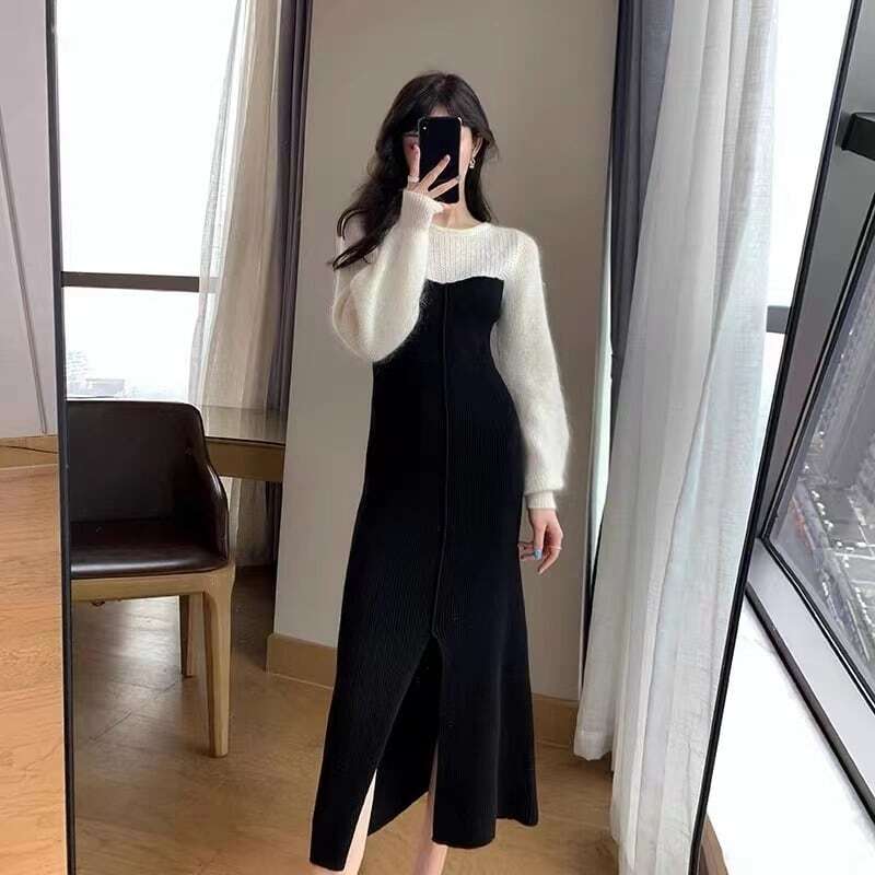 【dress】好感度UP!気質満点カラーマッチングレトロスリット着痩せニットワンピース G3908