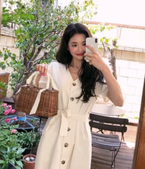 【dress】ファッションand清新！気質満点Vネック無地着痩せワンピース