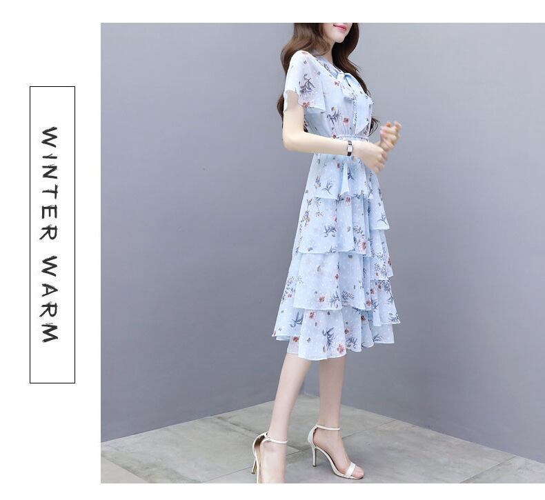 【dress】清新スウィート〜タイカラーフレアスリーブ韓国風ギャザー花柄ワンピースF0296