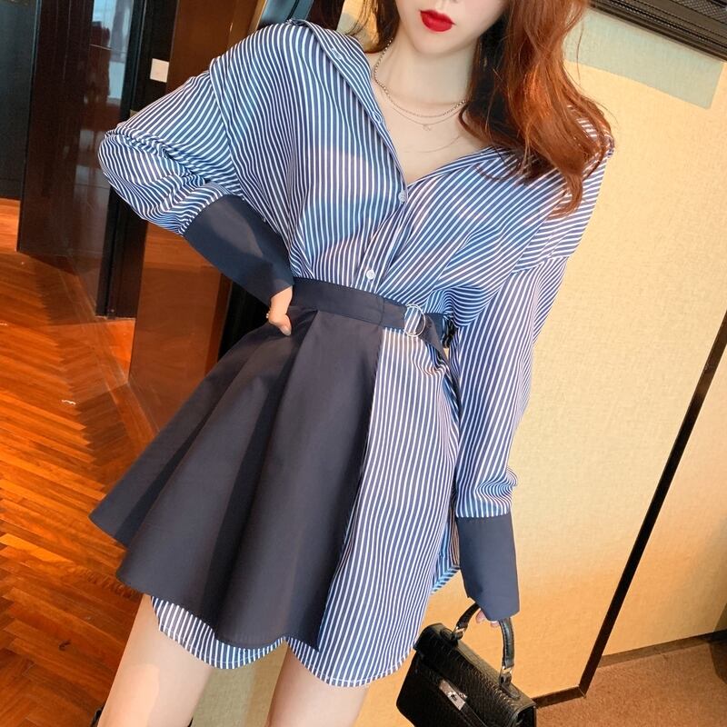 【set】ファッション気質満点個性派スカート+切り替えストライプ柄シャツワンピース２点セット G9207