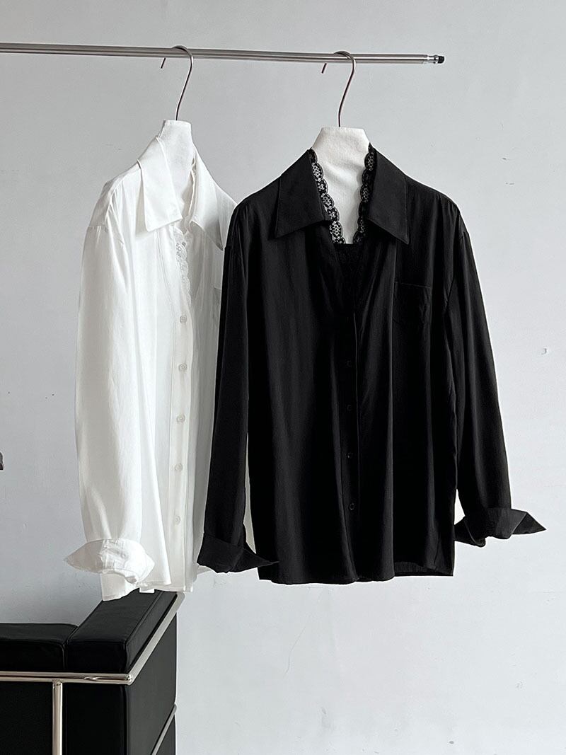 【tops】レース切り替えシャツブラウス　M29946
