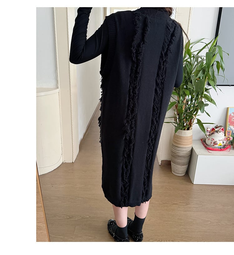 【dress】パール付きフリンジノースリーブニットワンピース　N2783