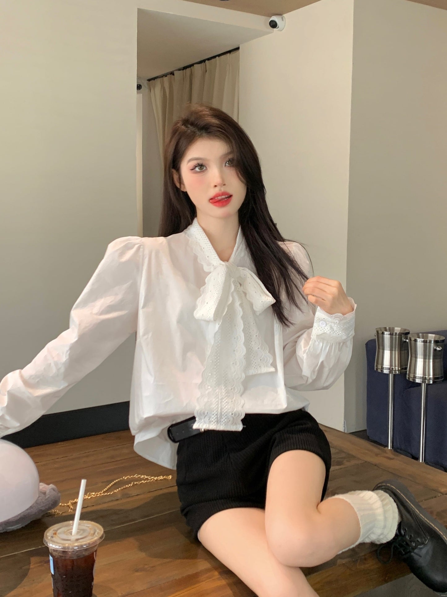 【tops】レース切り替えシャツブラウス　M29816