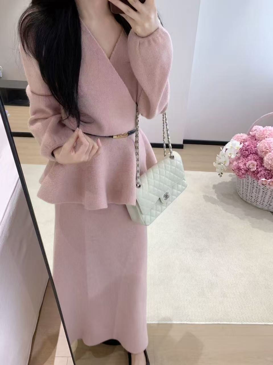 【set】クロスネックニットトップス×ロングスカートセット Q7876