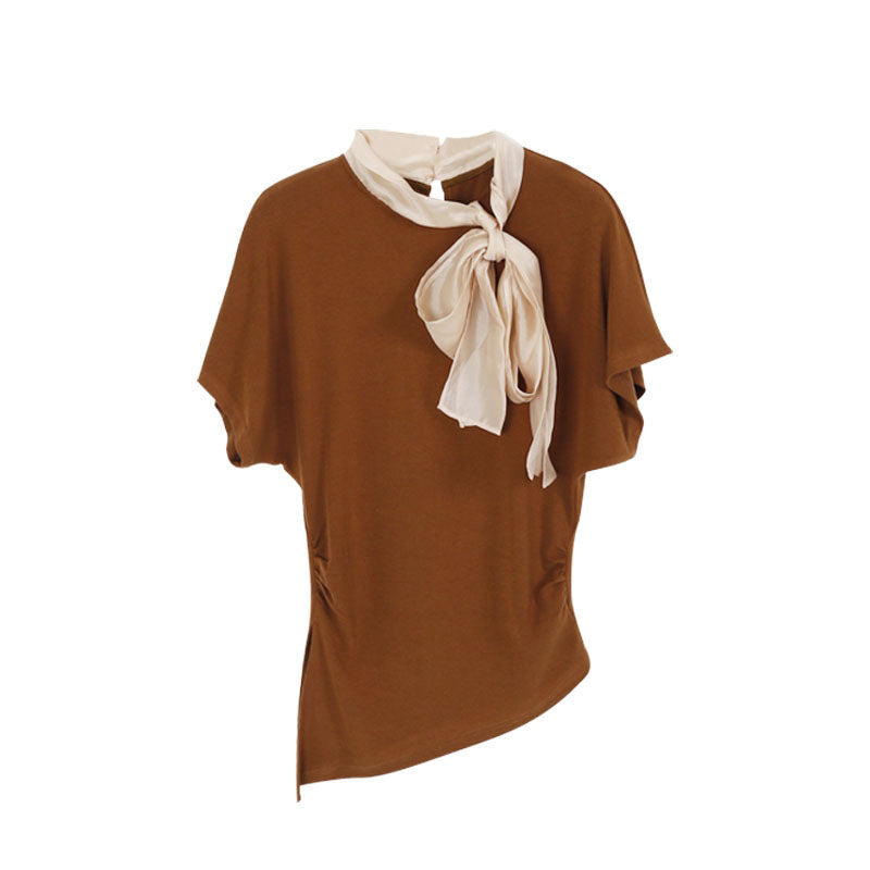 【tops】スカーフネック半袖ニットトップス Q8943