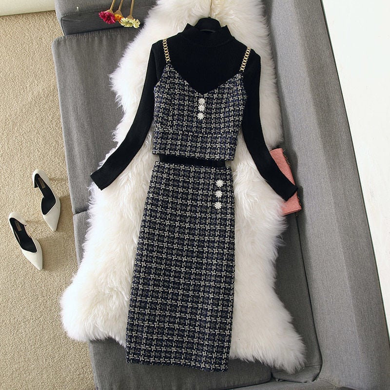 【set】無地セーター+チェック柄ベスト+ボディラインスカート3点セットF0817