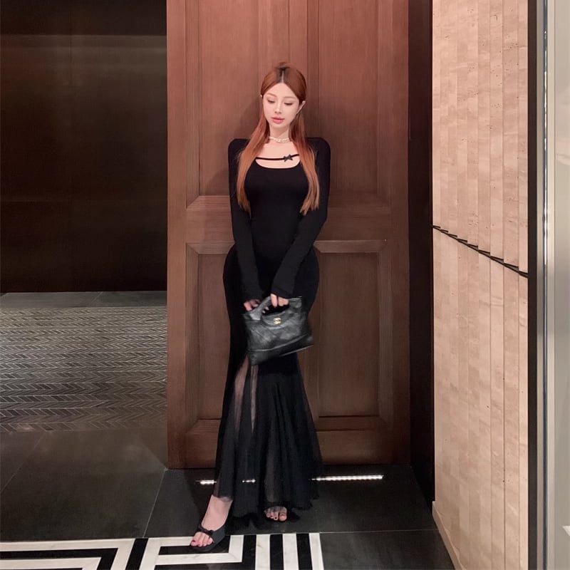【dress】チュールドッキングロングワンピース Q7017