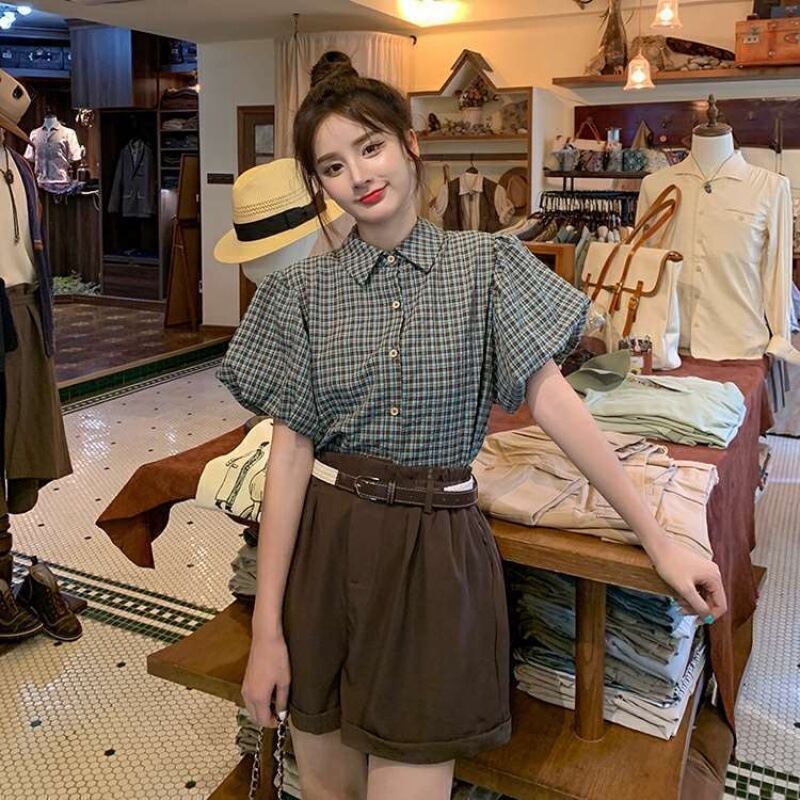 【set】チェック柄ブラウス+ショートパンツ２点セットG21352