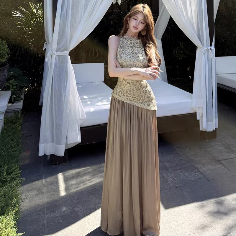 【dress】サテンドッキングノースリーブロングワンピース Q8045