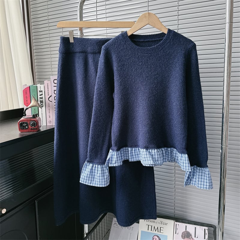 【set】チェック柄切り替えニットセーター×スカートセット　M28388