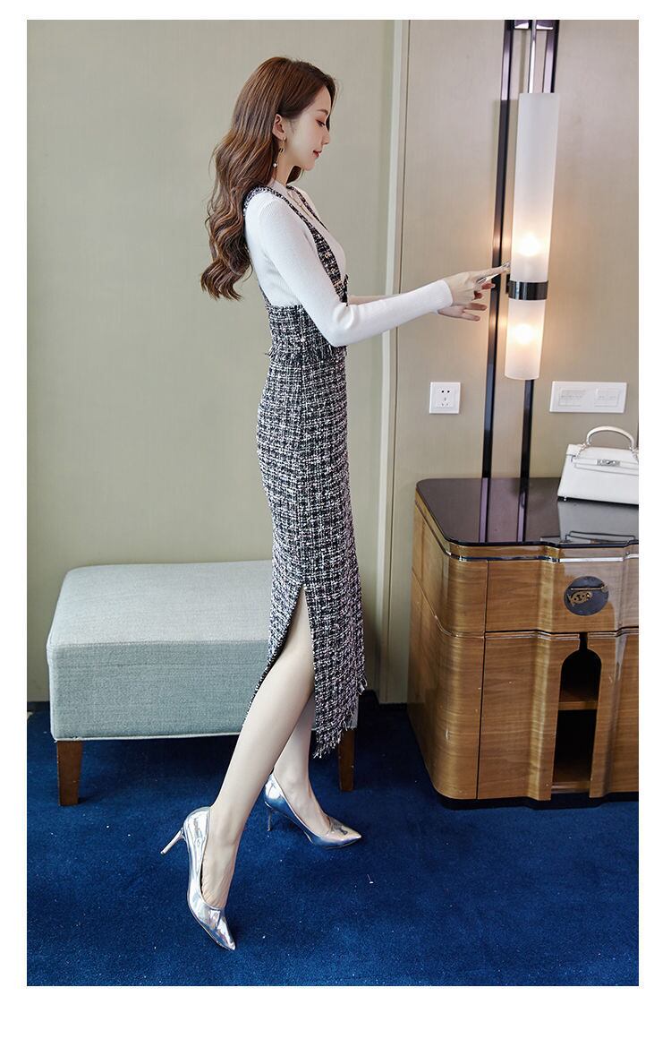 【set】ニットセーター+チェック柄サスペンダースカートセット G12551