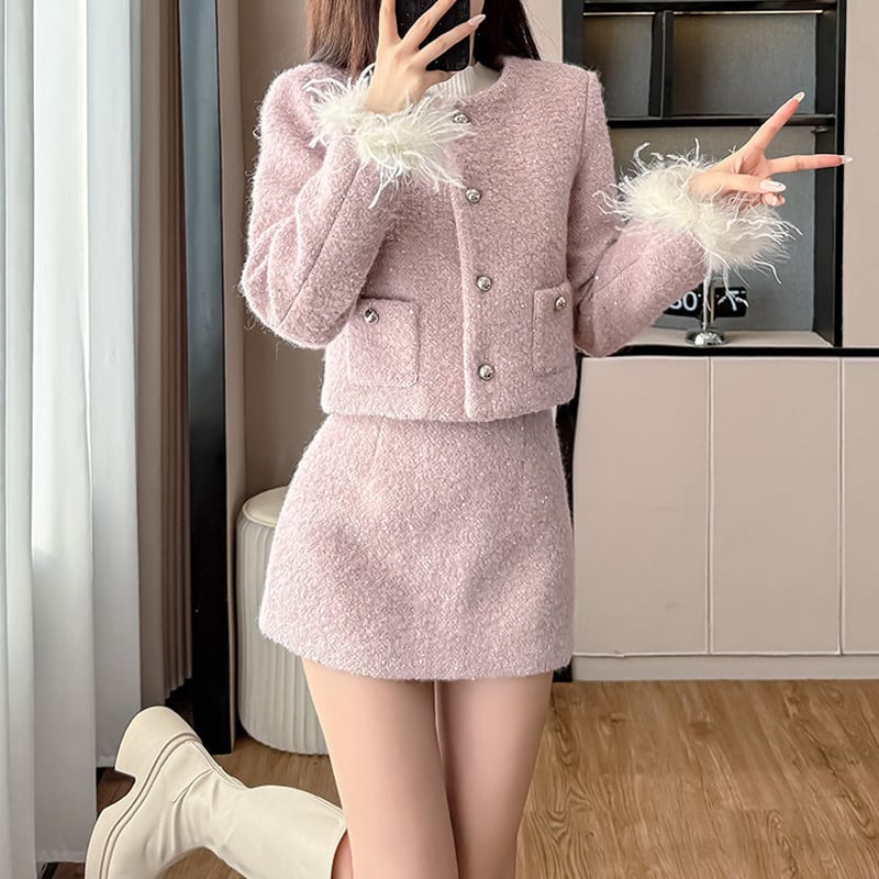 【set】袖ファーコート×ミニスカートセット Q7684