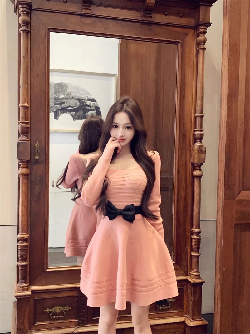 【dress】リボンベルト付きニットワンピース Q7343