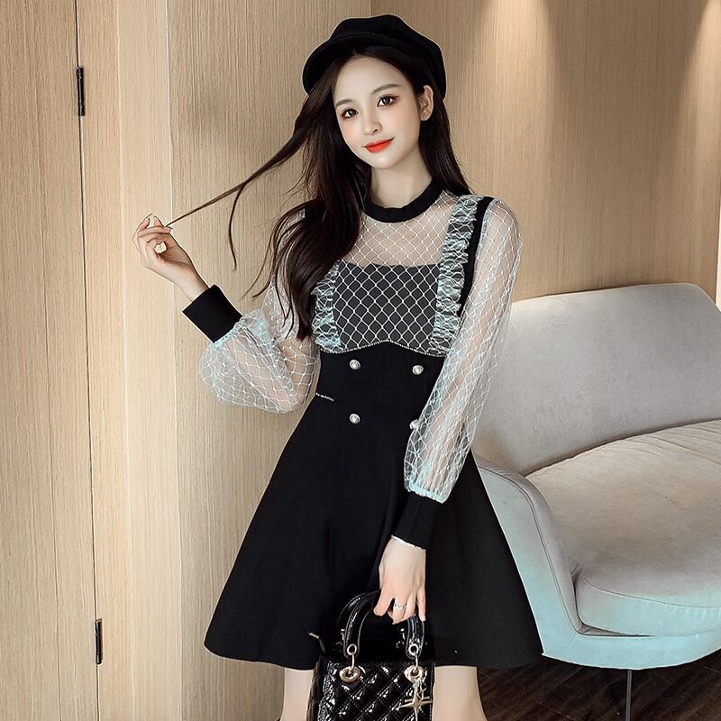 【dress】エレガント!気質満点レトロ切り替え長袖体型カバー着痩せ春フランス風ワンピース G5325