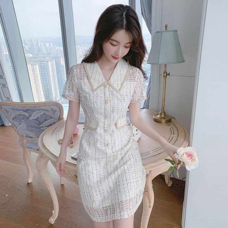 【dress】美人度アップ!気質満点折り襟夏透かし彫り着痩せ ワンピース G0465