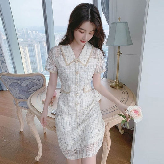 【dress】美人度アップ!気質満点折り襟夏透かし彫り着痩せ ワンピース G0465