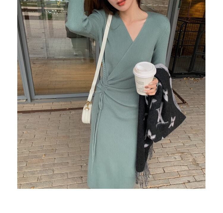 【dress】好感度UP!気質満点デザインフランス風シンプルVネックニットワンピース G2822