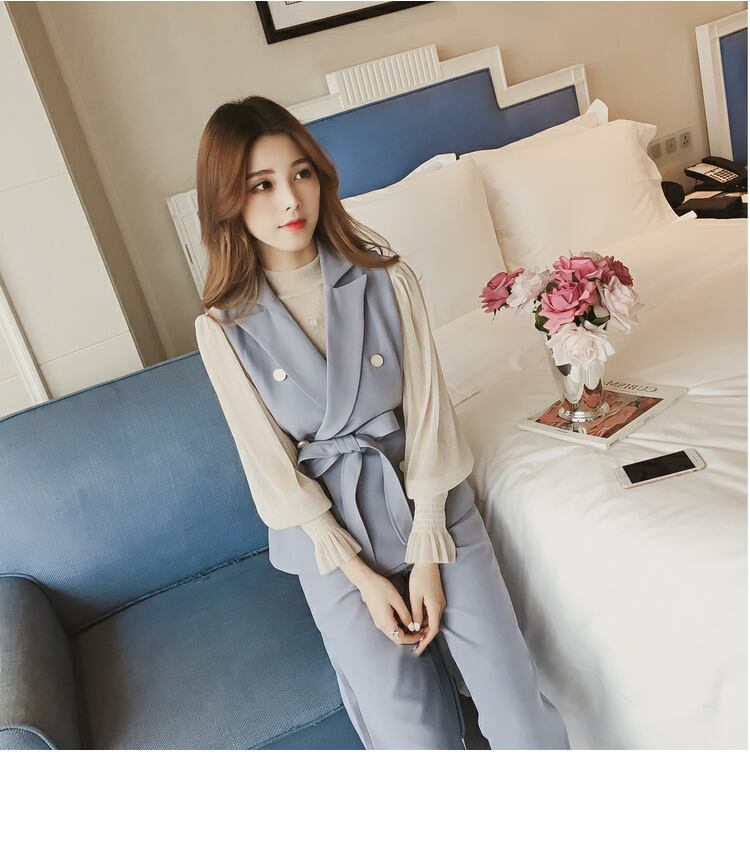 【set】美人度アップ!韓国系スウィート洋気ベスト+シャツ+パンツセットアップ G2087