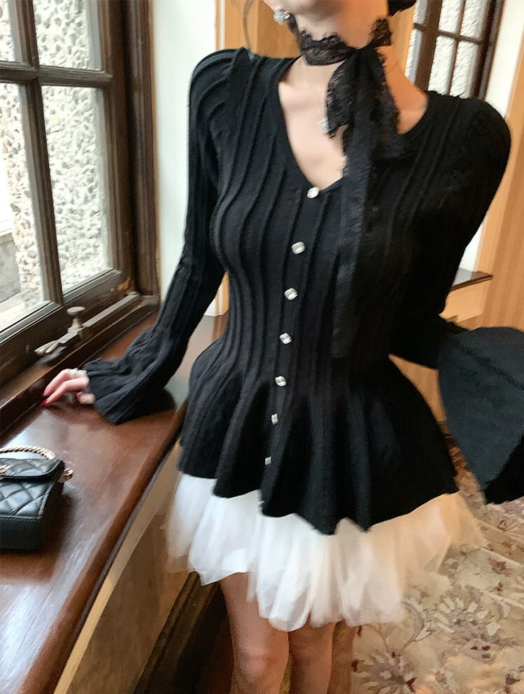 【set】ベルスリーブペプラムカーディガン×チュールミニスカートセット     N3374