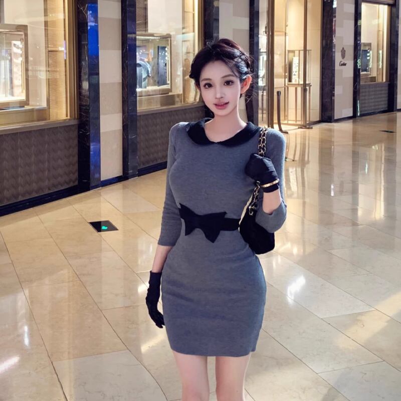 【dress】リボン付きタイトワンピース Q7013